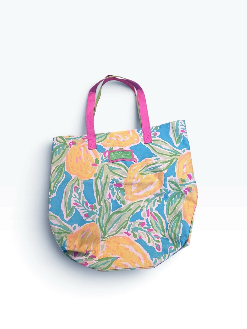 Lily Pulitzer Estรฉe Lauder Floral Lemon Print Tote Bag with Pink Green Handles